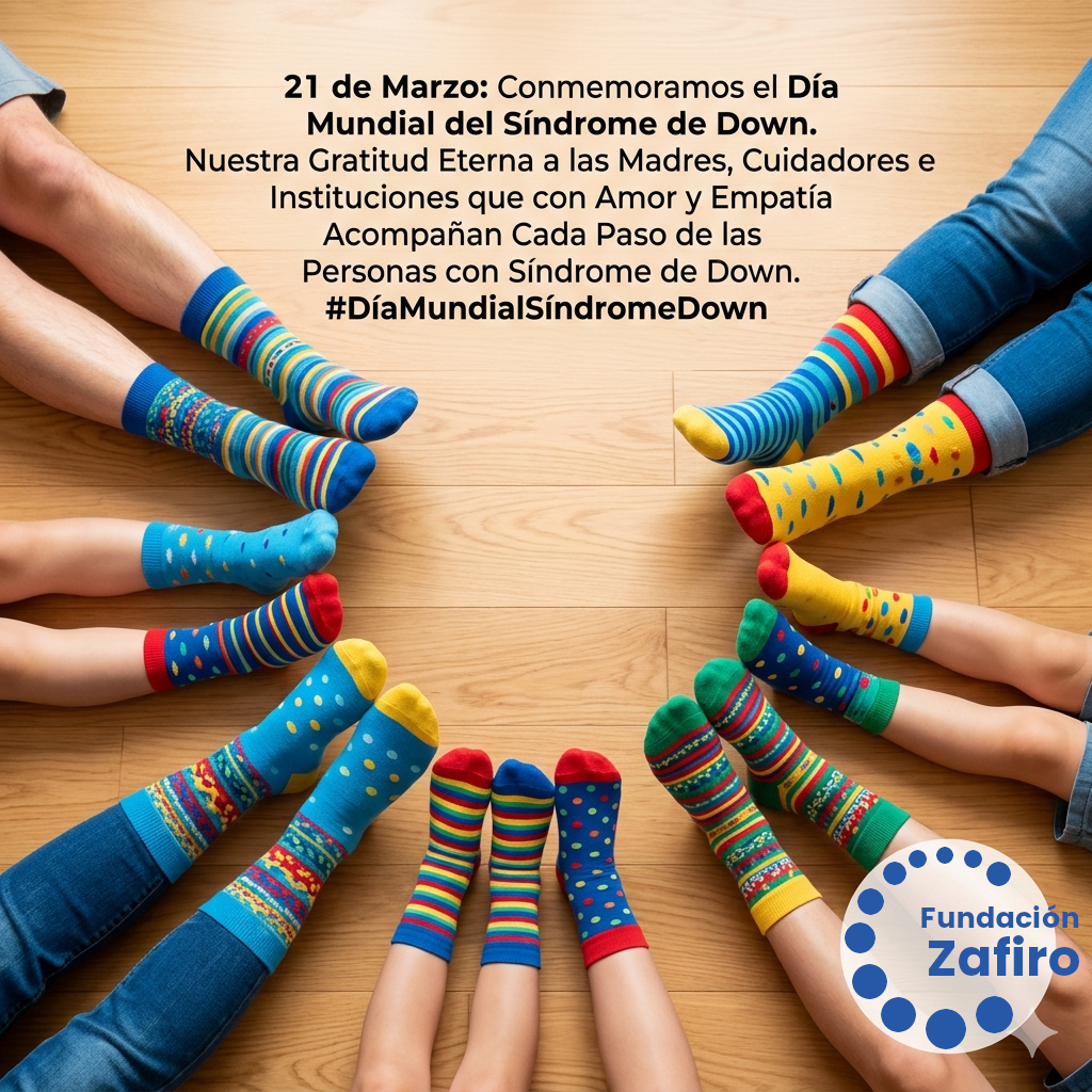 Una toma artística y limpia, en plano detalle (close-up), de múltiples pares de piernas (adultos y niños de diferentes edades) dispuestos en un círculo perfecto. Todos usan calcetines largos y desparejados (mismatched) con estampados vibrantes, rayas, puntos y colores brillantes (azules, amarillos, rojos y verdes).