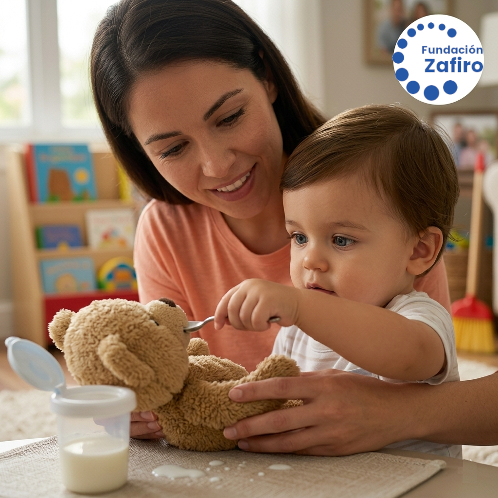 Madre jugando con su hijo de darle de comer a un peluche.